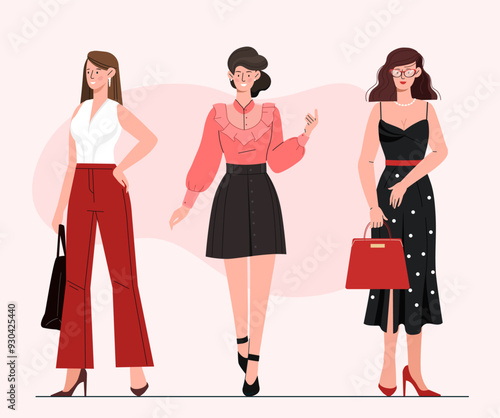 Women in summer collection. Young girls in branded dresses, blouses and skirts. Fashion, style and trend. Supermodels with fashionable looks. Flat vector illustration isolated on white background