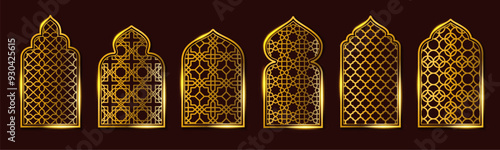 Golden Islamic window frames. Luxury gold arch with Arabic geometric ornament mashrabiya pattern, mosque oriental windows and vintage muslim gate badge background vector set.