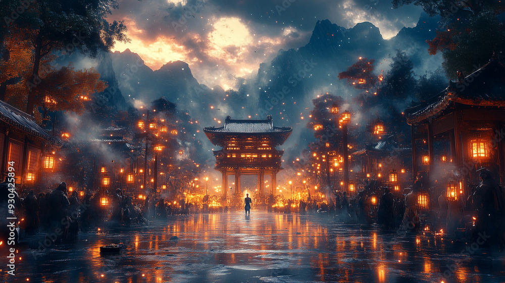 Obraz premium A martial artist stands victorious in an outdoor arena under a starry night sky, Ai