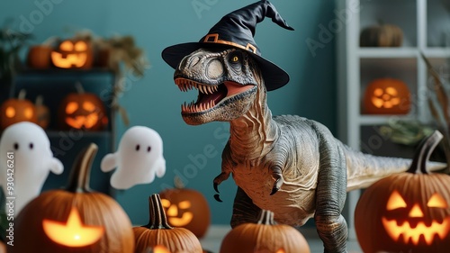 T-Rex wearing a spooky witch hat surrounded by glowing ghost pumpkins, moonlit night, Halloween dinosaur, spooky vibe photo