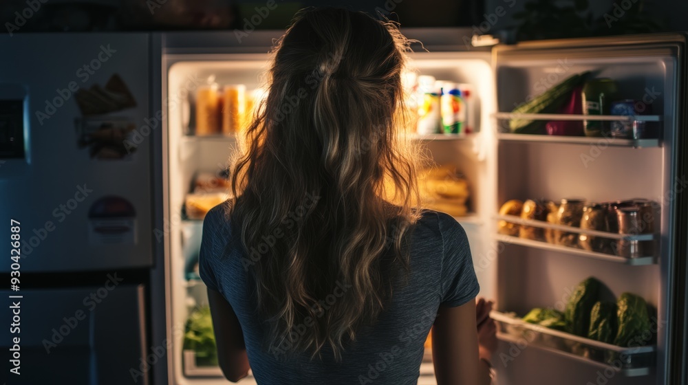 A woman standing in front of an open fridge late at night, grabbing unhealthy snacks. Unhealthy food concept. A woman standing in front of an open fridge late at night, grabbing unhealthy snacks. Unhealthy food concept.