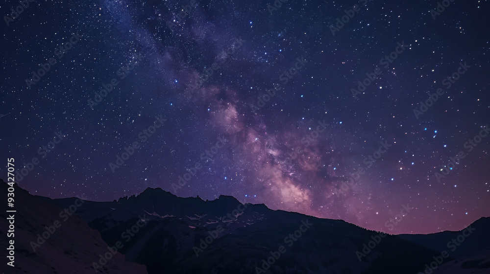 Fototapeta premium In the tranquil night, the Milky Way spans the sky, the majestic mountain range stands out clearly in the starlight, a meteor streaks across the night sky, disappearing on the horizon, a serene, myste