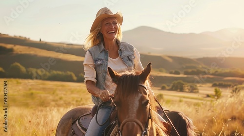 Embracing Freedom - Happy Mature Woman Riding Horse in Idyllic Countryside Landscape, Promoting Outdoor Adventure and Wellness Retreats photo