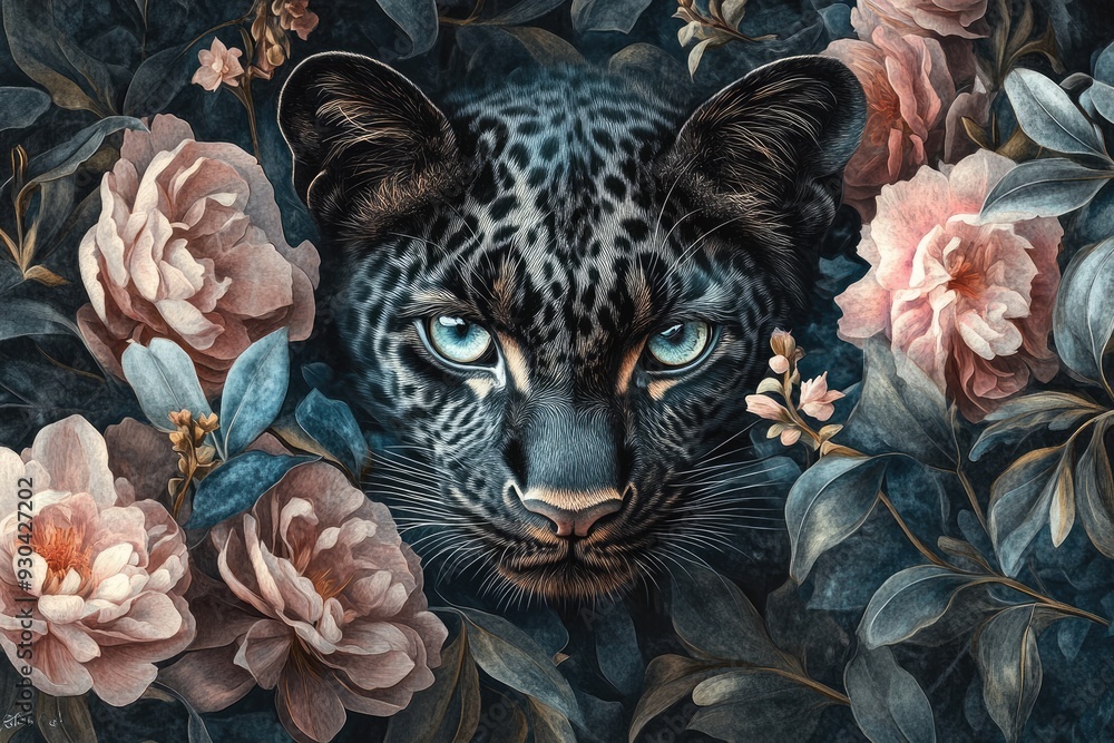 A Black Panther's Gaze Amidst Delicate Blooms A Black Panther's Gaze Amidst Delicate Blooms