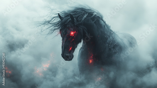 A powerful black horse emerges from swirling smoke, its glowing red eyes and fiery details creating dramatic and intense atmosphere.