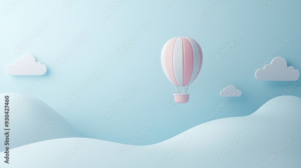 Obraz premium A serene scene featuring a hot air balloon floating above soft hills and clouds.