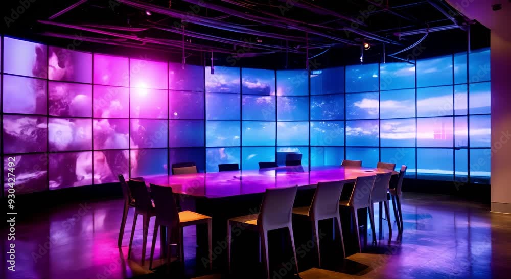 Modern Conference Room with Large Video Displays and a Glossy Table Modern Conference Room with Large Video Displays and a Glossy Table