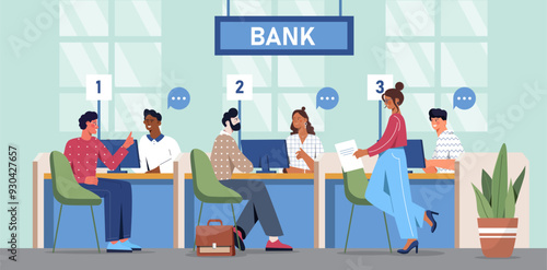 Credit department concept. Men and women communicate with bank employees. Clients talking with clerks in managers. People with banking services. Loan and mortgage. Flat vector illustration