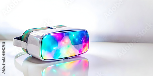 3D Holographic VR Headset on Glossy Table - Innovative Virtual Reality Concept with Glowing Details on White Surface