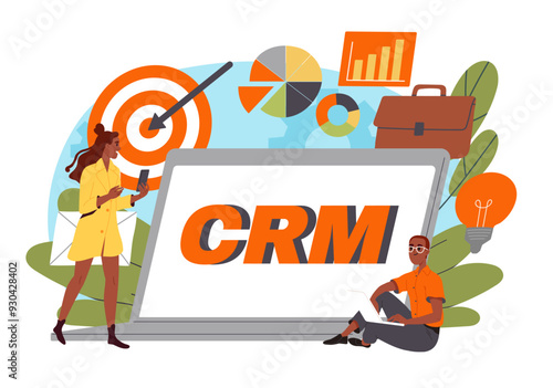 Crm on computer. Customer relationship management. User behavior analysis. Database and electronic storage or archive. People with statistics and infographics. Flat vector illustration