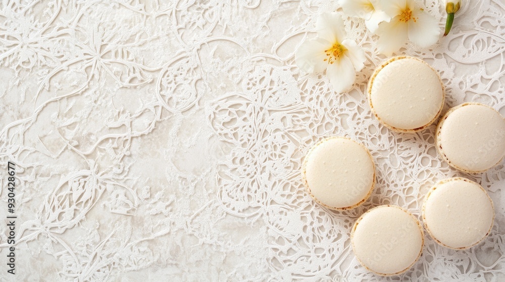 White macarons on delicate lace background. White macarons on delicate lace background.