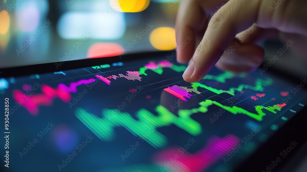 Fototapeta premium A close-up of a hand analyzing financial charts on a tablet, focusing on stock market trends and investments