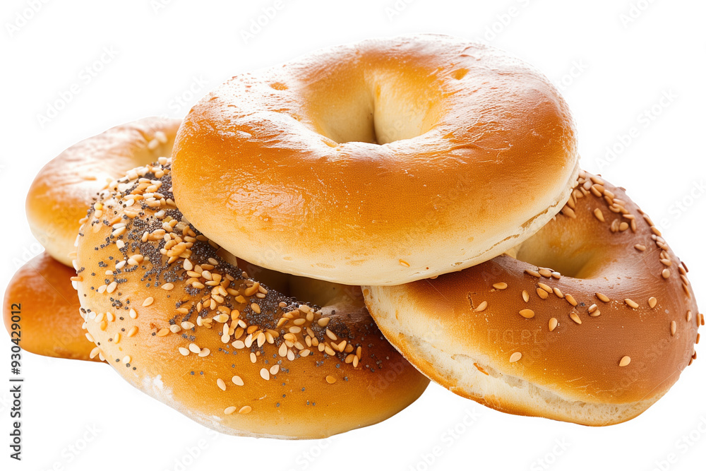 Close-up of a stack of assorted bagels with toppings like sesame and poppy seeds isolated on a white or transparent background. Ideal for bread food projects. Close-up of a stack of assorted bagels with toppings like sesame and poppy seeds isolated on a white or transparent background. Ideal for bread food projects.