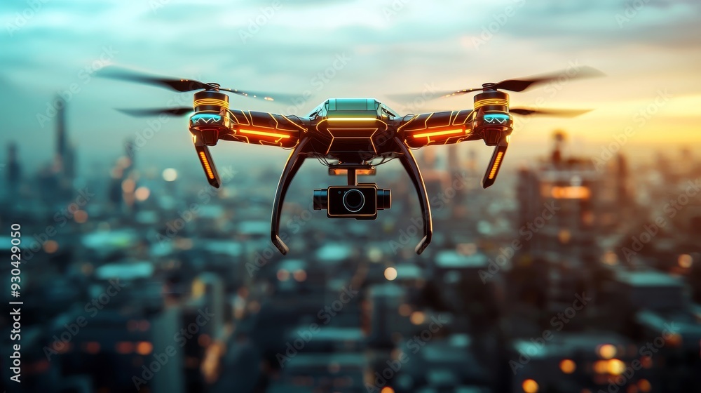 A modern drone flying over a city skyline, showcasing advanced technology and urban landscape at twilight. A modern drone flying over a city skyline, showcasing advanced technology and urban landscape at twilight.