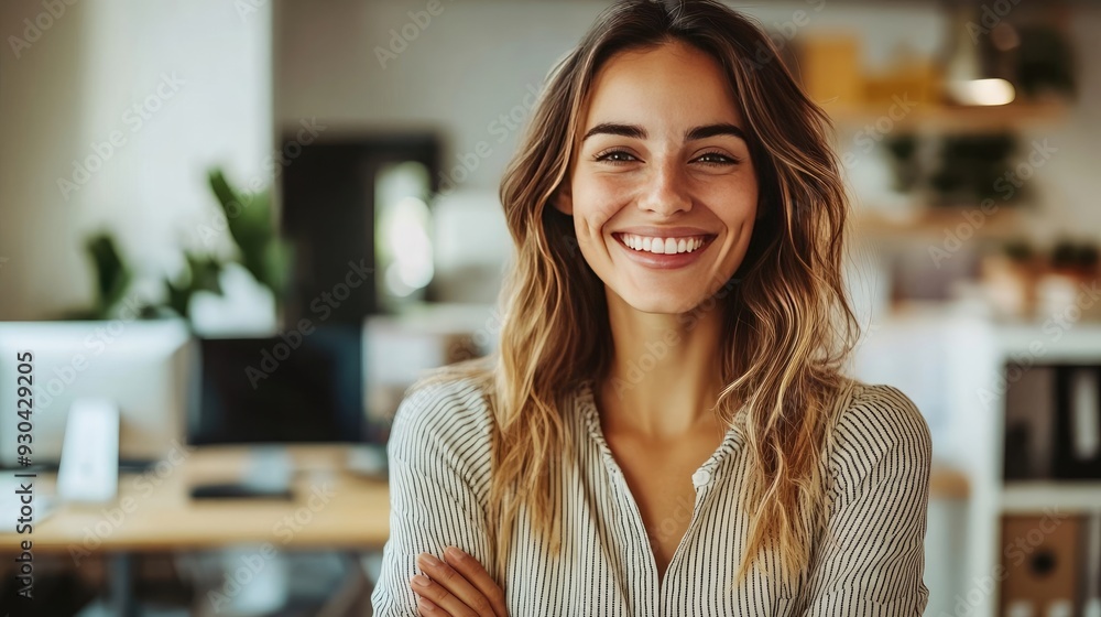 Cheerful Female Designer at Her Workstation in Office Cheerful Female Designer at Her Workstation in Office