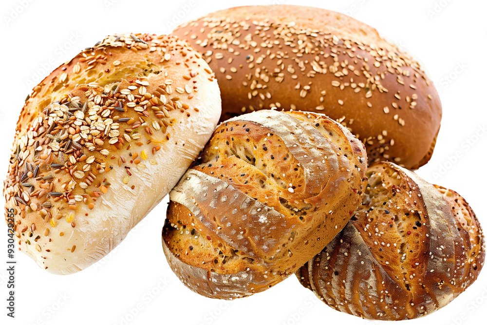 Close-up of various artisan bread loaves with different seeds and crusts isolated on a white transparent background. Crusty, golden, freshly baked and perfect for bakery and food design elements. Close-up of various artisan bread loaves with different seeds and crusts isolated on a white transparent background. Crusty, golden, freshly baked and perfect for bakery and food design elements.