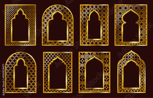 Arabic ornamental frames. Traditional Islamic doors or Arabian motif arc frame with golden pattern ornaments. Luxury gate or Muslim architecture window decorations vector set.