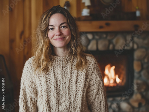 smiling woman wearing a hand-knit sweater made from ethically sourced wool, standing in front of a cozy fireplace in a cabin