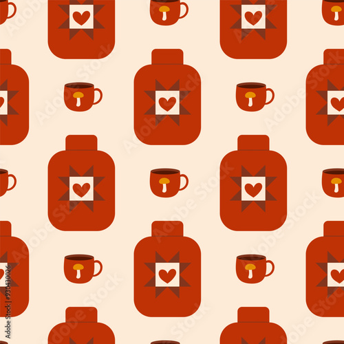 Cute Hand Drawn Cozy Hot Water Bottle and Warm Drink Seamless Pattern for Autumn Fall Comfort.