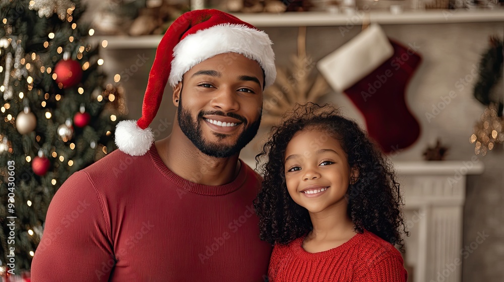 A smiling couple in Santa hats enjoys a joyous moment together, dressed in festive attire with a warm and colorful background featuring loving Valentine's Day hues A smiling couple in Santa hats enjoys a joyous moment together, dressed in festive attire with a warm and colorful background featuring loving Valentine's Day hues