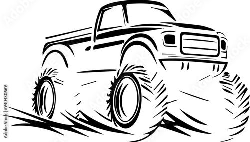 A cartoon truck with big tires is driving through mud