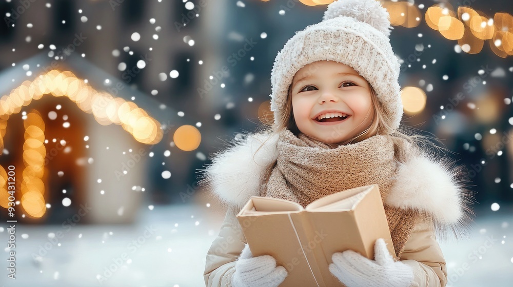A young girl dressed warmly is smiling as she reads a book surrounded by falling snowflakes and twinkling lights during the joyful Christmas season A young girl dressed warmly is smiling as she reads a book surrounded by falling snowflakes and twinkling lights during the joyful Christmas season