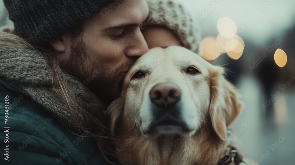 A couple shares a tender moment outdoors with their golden retriever, encapsulating love, companionship, and warmth amidst a serene, winter setting. A couple shares a tender moment outdoors with their golden retriever, encapsulating love, companionship, and warmth amidst a serene, winter setting.