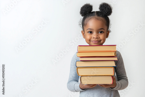 Photo of little african american girl holding stack of heavy books on white background with space for text on left