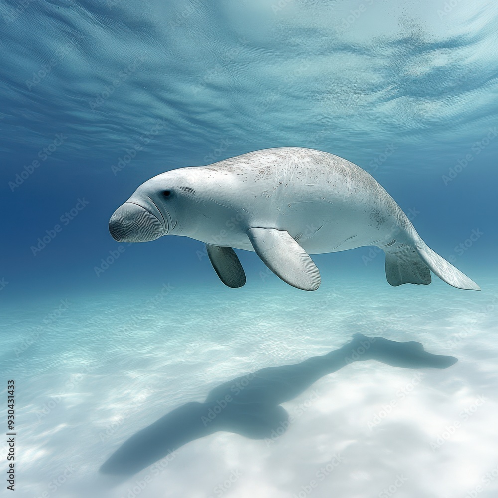 A serene underwater view of a manatee gracefully swimming in clear blue waters, showcasing its gentle movements and unique shape. A serene underwater view of a manatee gracefully swimming in clear blue waters, showcasing its gentle movements and unique shape.