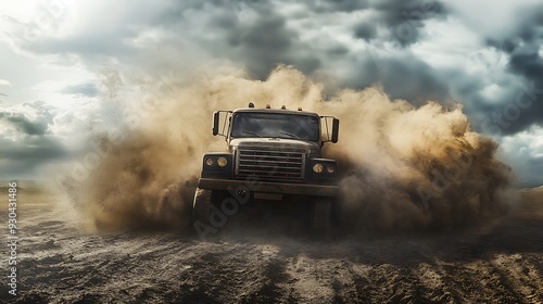 Truck Driving Through Dust Cloud on Desert Road photo