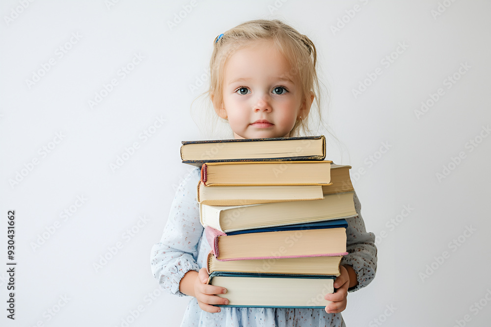 Photo of little girl holding stack of heavy books on white background with space for text on left Photo of little girl holding stack of heavy books on white background with space for text on left