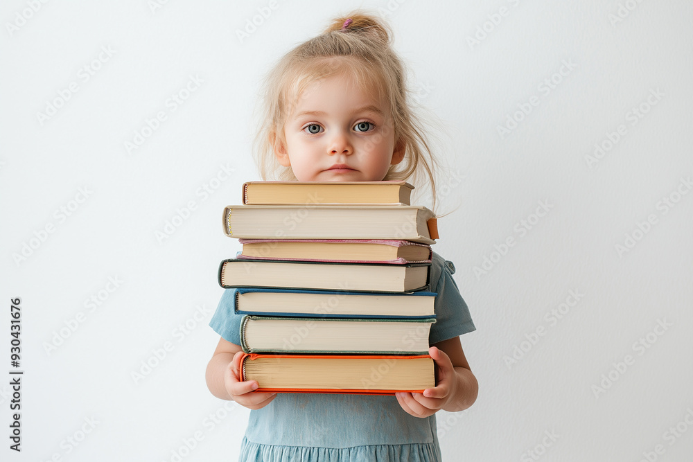 Photo of little girl holding stack of heavy books on white background with space for text on left Photo of little girl holding stack of heavy books on white background with space for text on left