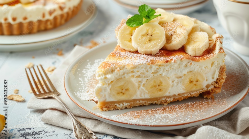Banana Pudding Cheesecake Delight with copy space Banana Pudding Cheesecake Delight with copy space