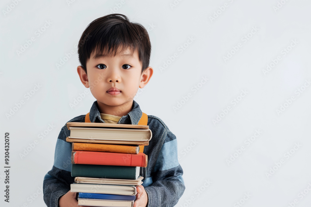 Photo of little asian boy holding stack of heavy books on white background with copy space on right Photo of little asian boy holding stack of heavy books on white background with copy space on right