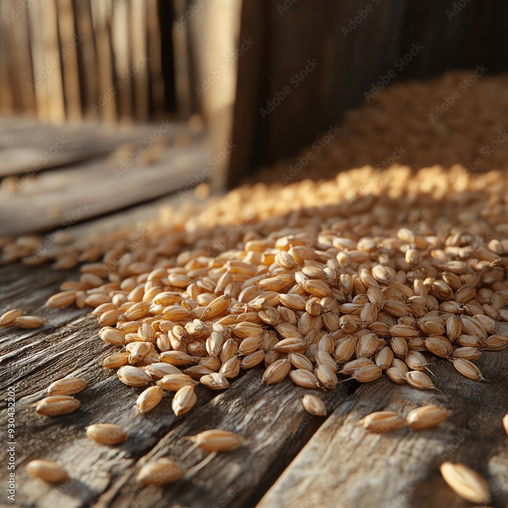 Obraz premium Close-up of scattered grains on rustic wooden surface, showcasing natural textures and earthy tones.