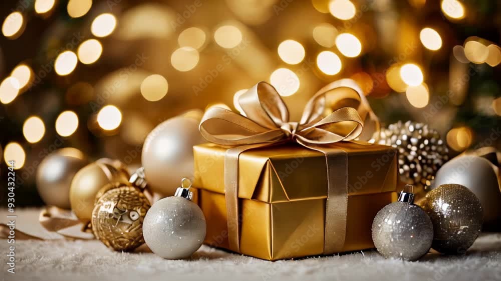 Wrapped gift box with Christmas decoration on Fir branches background. New year and Christmas concept. AI Banner Wrapped gift box with Christmas decoration on Fir branches background. New year and Christmas concept. AI Banner