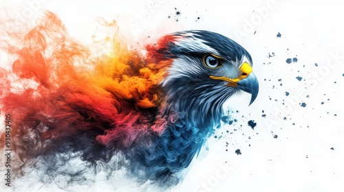 Vibrant Digital Art of a Falcon with Colorful Smoke Effects in a Dynamic Abstract Style photo