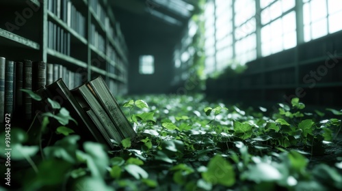 An image showing an abandoned library where greenery and sunlight have taken over, with vines growing among the books and light streaming through large windows. photo