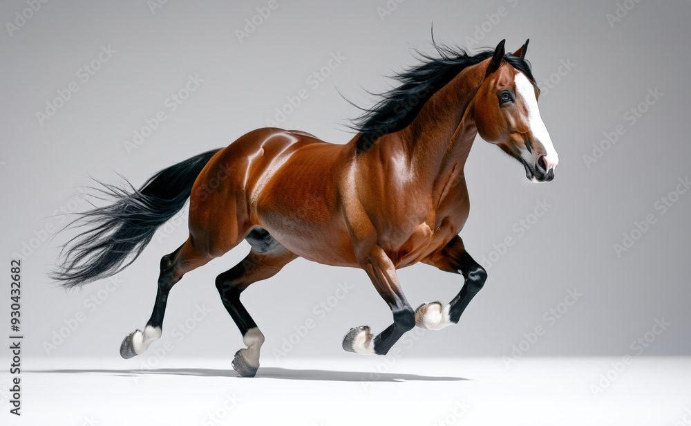A stunning brown horse galloping gracefully, showcasing its strength and beauty in motion against a neutral background. A stunning brown horse galloping gracefully, showcasing its strength and beauty in motion against a neutral background.