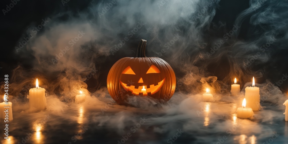Naklejka premium Spooky Halloween Pumpkin with Candles created by ai