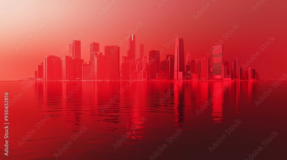 Fototapeta premium A stylized city skyline reflected in tranquil waters, bathed in a surreal red hue, creating an artistic and dramatic ambiance.
