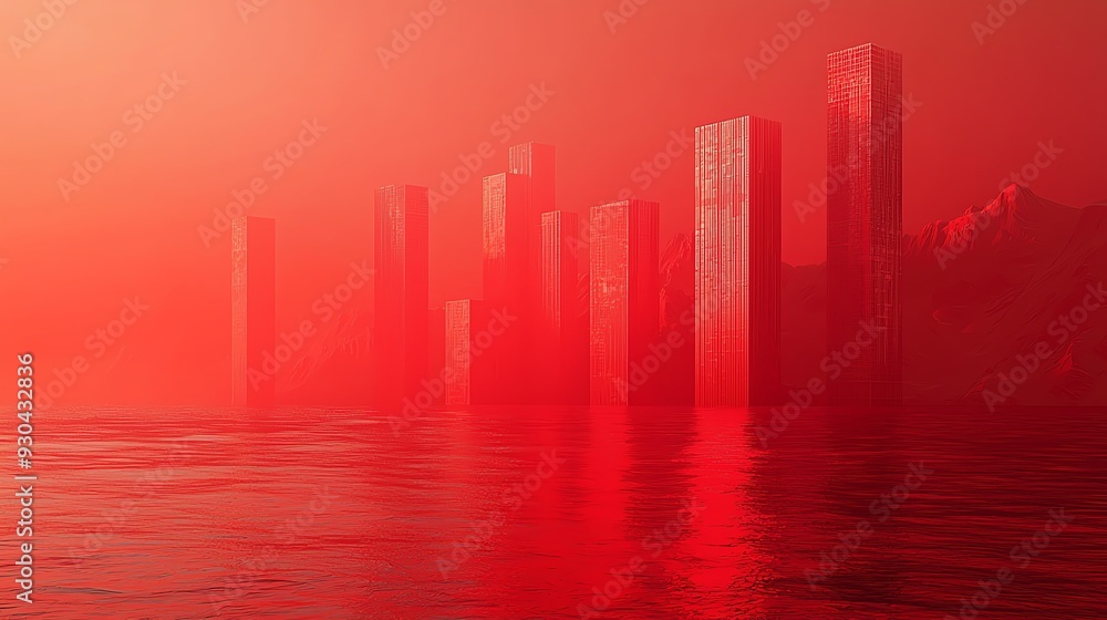 A surreal landscape featuring towering structures reflected in misty red waters, creating an ethereal and dreamlike atmosphere. A surreal landscape featuring towering structures reflected in misty red waters, creating an ethereal and dreamlike atmosphere.