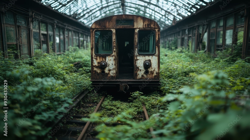 Naklejka premium An abandoned train car sits in an overgrown, decaying station, with green foliage consuming the tracks and train, symbolizing the power of nature reclaiming urban space.