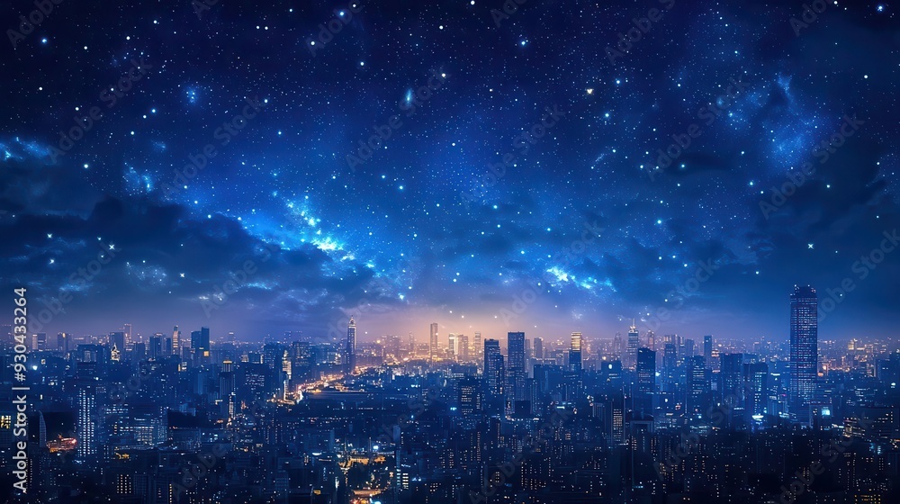 Night sky with stars over a city skyline. Night sky with stars over a city skyline.