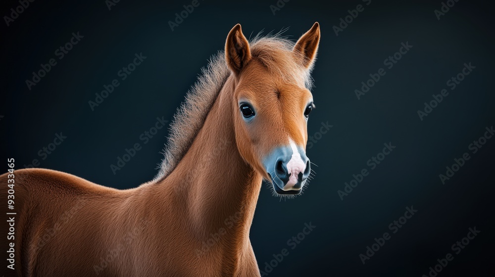 Obraz premium A stunning portrait of a young horse with a captivating gaze and a sleek, shiny coat set against a dark background.