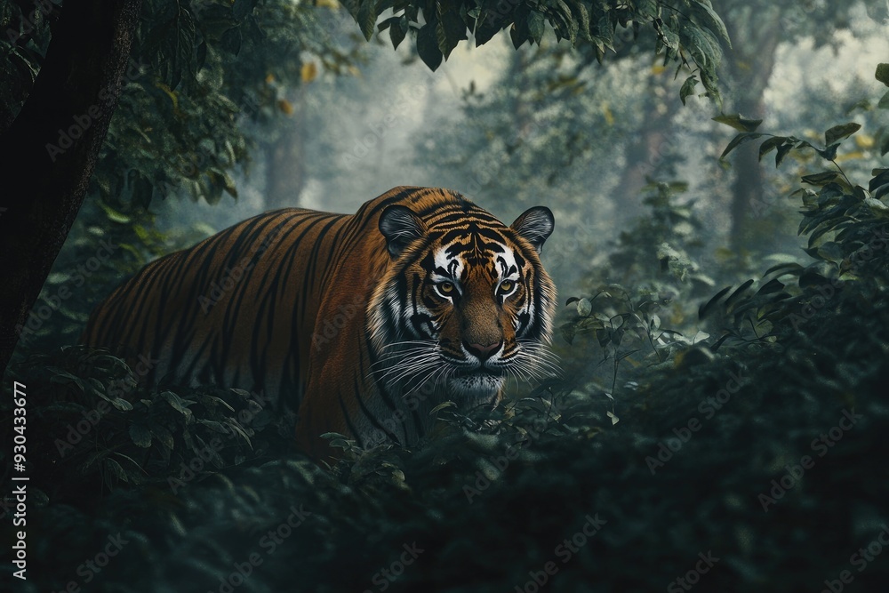 Tiger Stalking Through Dense Jungle Foliage Tiger Stalking Through Dense Jungle Foliage