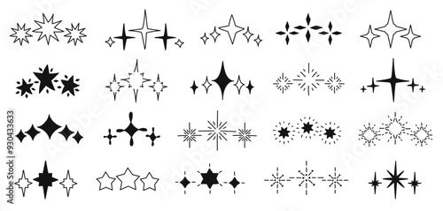 Hand drawn sparks. Decorative doodle shining starburst, twinkling three and five stars shapes in row. Festive sparkling bursts vector icons set.