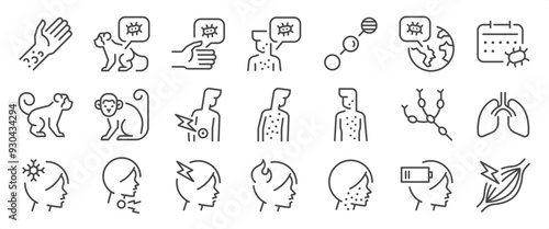 Monkeypox icon set. It includes Mpox, disease, epidemic, symptoms, sickness, and more icons. Editable Vector Stroke.
