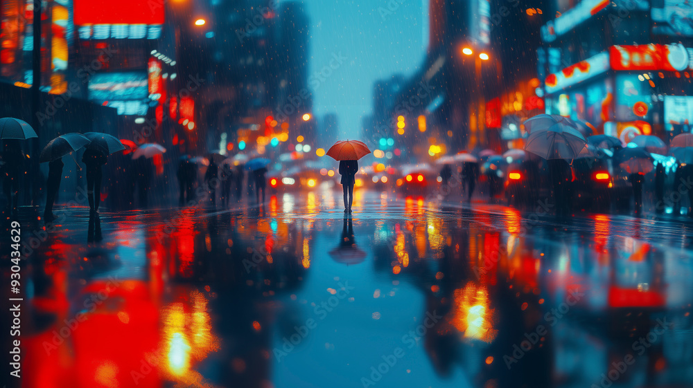 Fototapeta premium A lone figure standing at a busy crosswalk during a light rain, surrounded by the blurred motion of umbrellas and pedestrians hurrying past