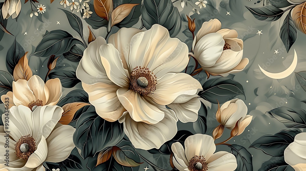 custom made wallpaper toronto digitalBohemian seamless wallpaper featuring ethereal celestial garden elements like moonflowers, jasmine, stars, and crescent moons, hand-drawn in vintage style, soft, glowing colors, intricate details,